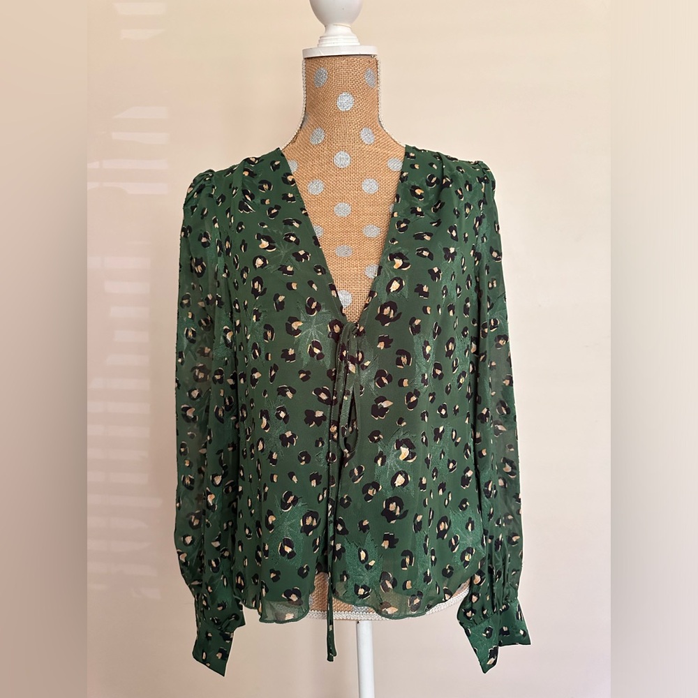 ASOS Never Fully Dressed Front Tie Balloon Sleeve Green Blouse